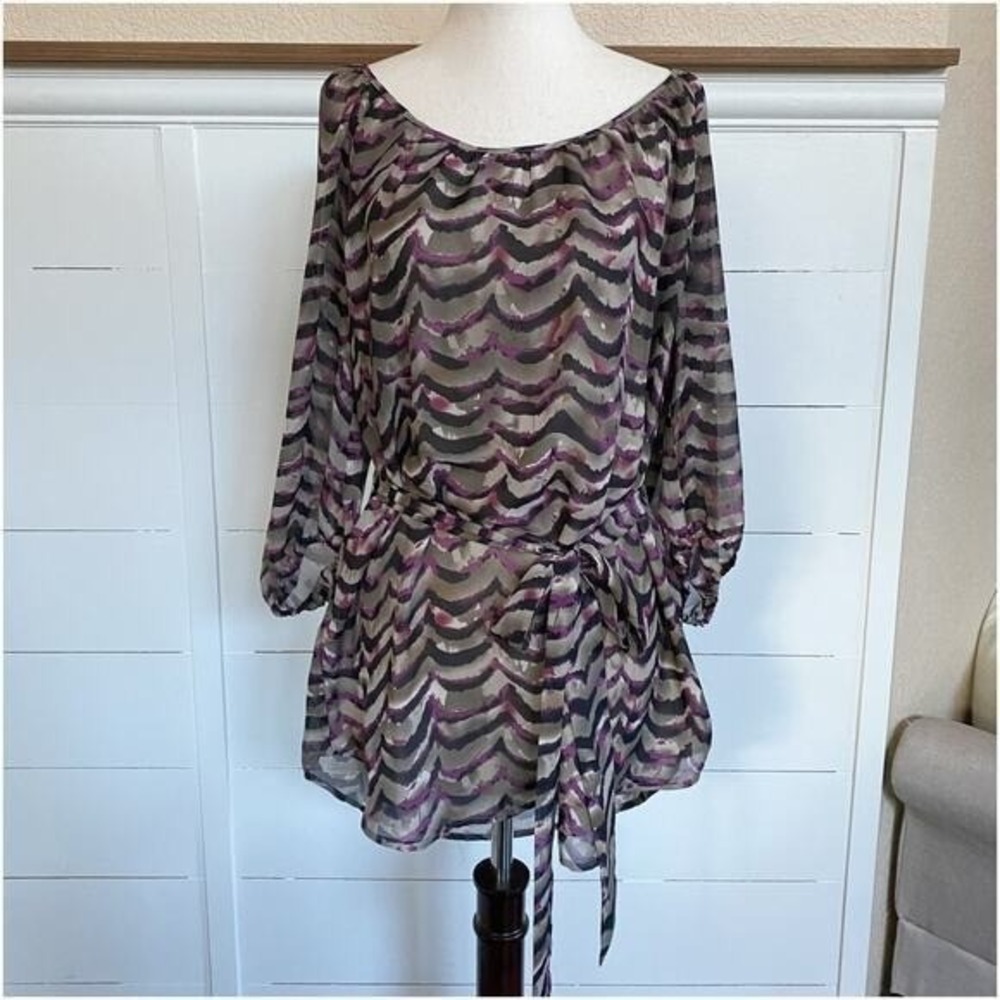 Daniel Rainn Purple Abstract Scallop Wave Sheer Chiffon Tunic Top Belted Medium - Picture 1 of 12